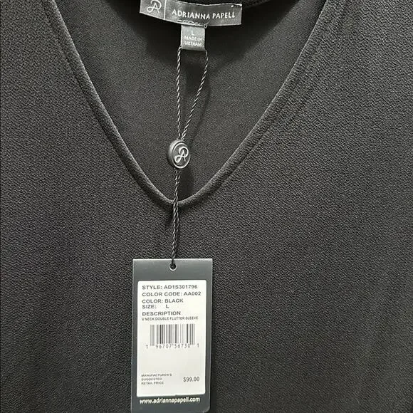 Adrianna Papell Women's V Neck Double Flutter Sleeve Black Dress NWT Size L - Picture 6 of 6